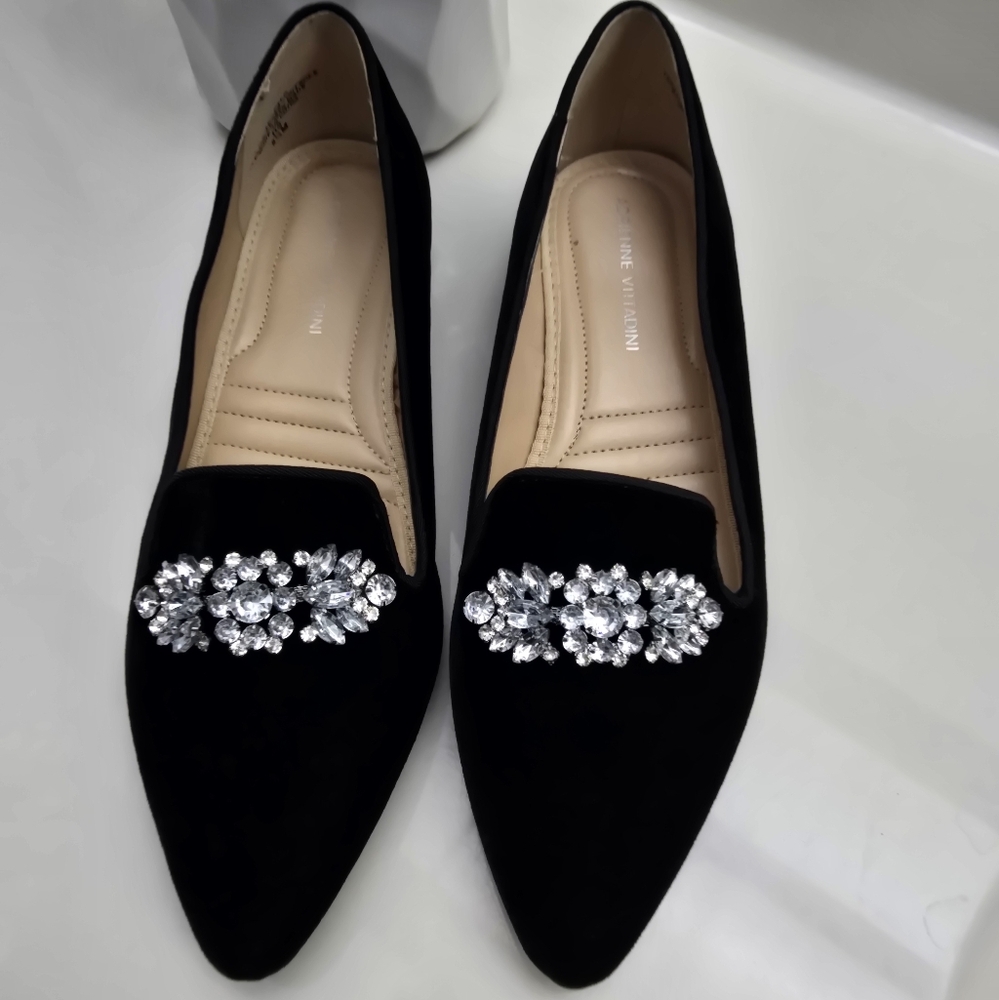 NEW Adrienne Vittadini Black Velvet Loafers with Crystal Rhinestone Accents